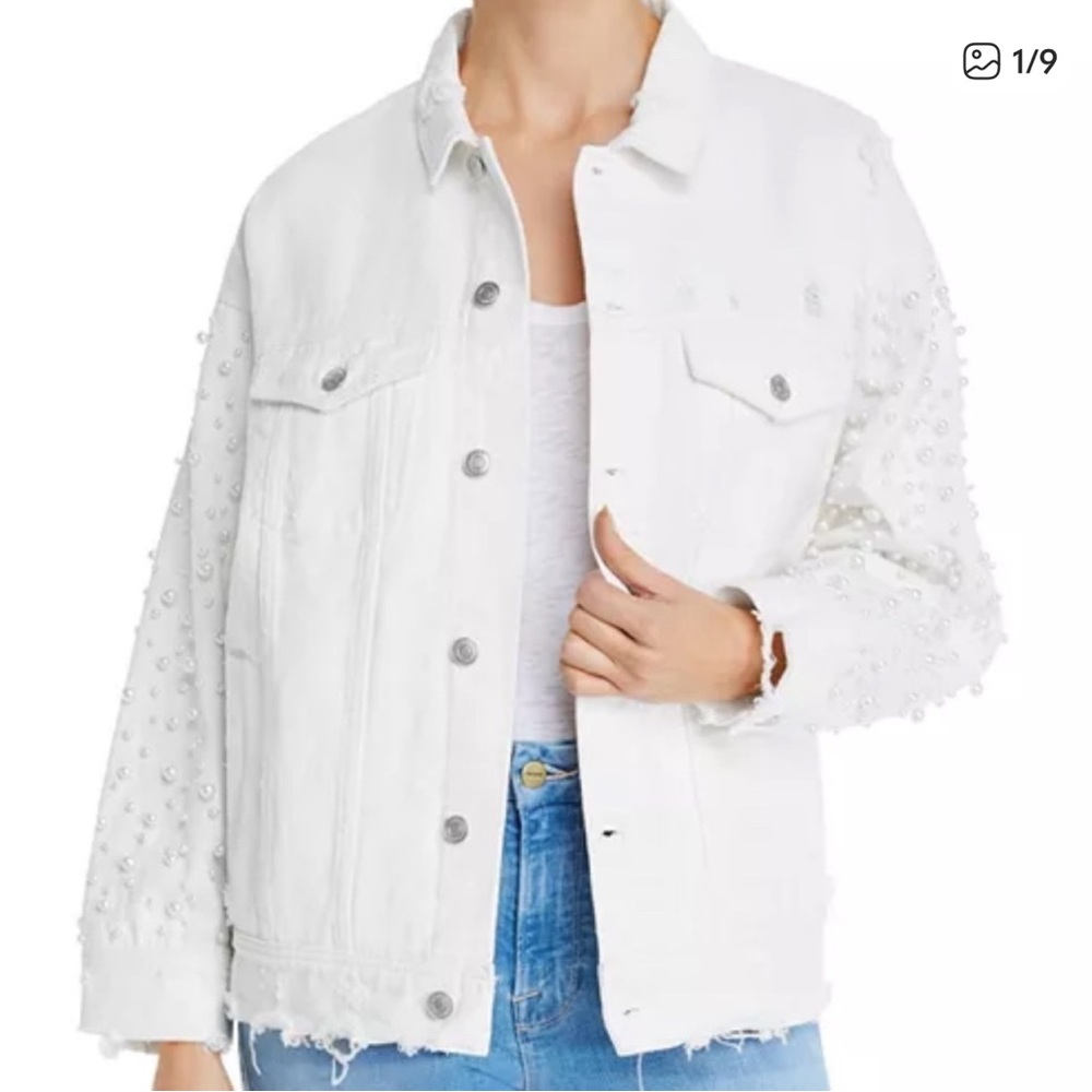 Elegant White Denim Jacket with Pearl Accents
